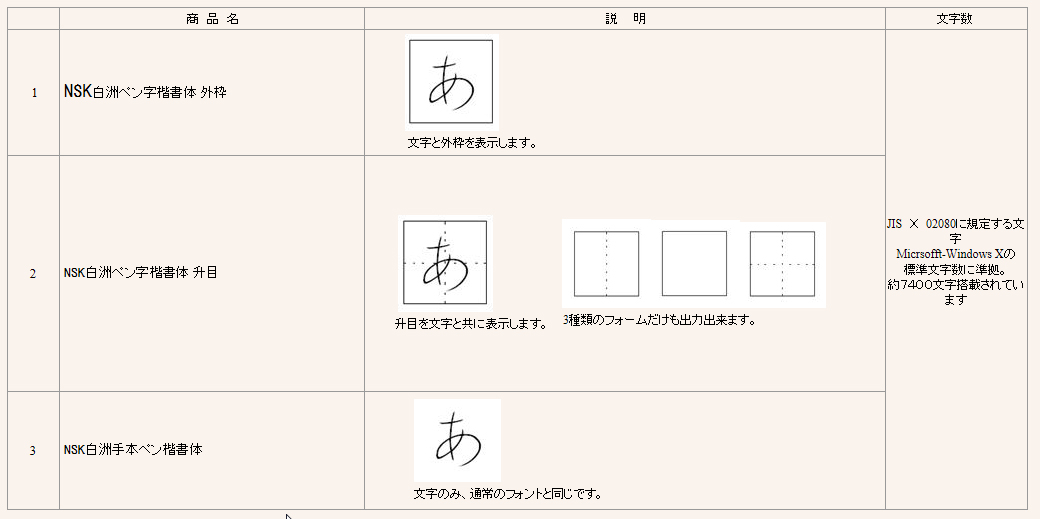 NSK白洲ペン字手本の種類jpg